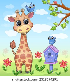 Cute cartoon giraffe with birds and birdhouse in nature. Vector illustration of an animal with red flowers, tree and blue sky.