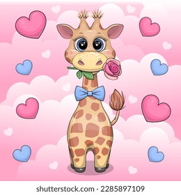 Cute cartoon giraffe in a bow tie is holding a rose. Vector illustration of an animal on a pink background with hearts and clouds.