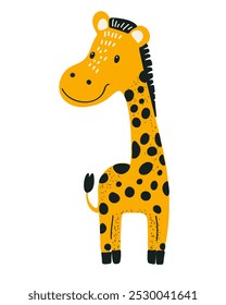 Cute cartoon giraffe with bright spots and a smile — children's vector illustration