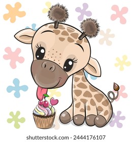 Cute Cartoon Giraffe with cake on a floral background