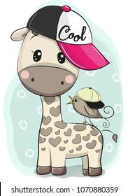 Cute Cartoon Giraffe in a cap with a bird on a blue background