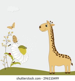  Cute cartoon giraffe with chamomile and insects