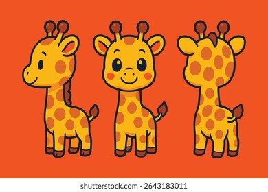 Cute Cartoon Giraffe Character – Front, Side, Back View Set for Animation, Education and Mascot Vector Illustration