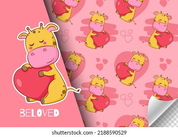 Cute cartoon giraffe character holding love heart. Kids card and seamless background pattern. Hand drawn design vector illustration.