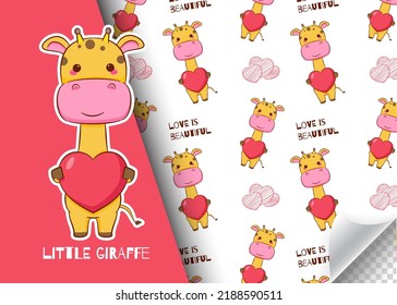 Cute cartoon giraffe character. Kids card and seamless background pattern. Hand drawn design vector illustration.