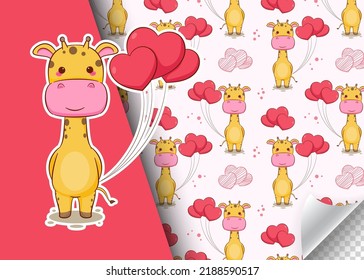 Cute cartoon giraffe character with love heart. Kids card and seamless background pattern. Hand drawn design vector illustration.