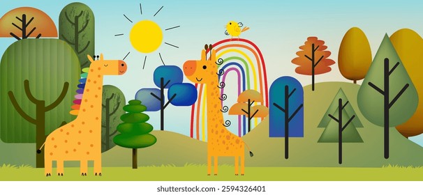 Cute cartoon giraffe character on forest landscape background vector illustration.