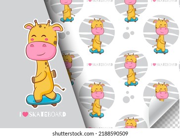 Cute cartoon giraffe character playing skateboard. Kids card and seamless background pattern. Hand drawn design vector illustration.