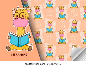 Cute cartoon giraffe character reading book. Kids card and seamless background pattern. Hand drawn design vector illustration.