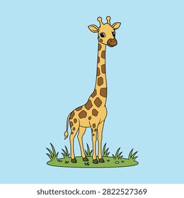 Cute cartoon giraffe character standing on green grass isolated against a light blue background