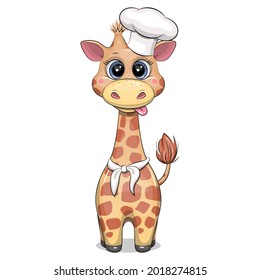 Cute Cartoon Giraffe In A Chef Hat. Vector Illustration Of An Animal Isolated On White.