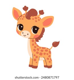 Cute cartoon giraffe childish vector illustration in flat style. For poster, greeting card and baby design.