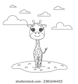 Cuesta jirafa de dibujos animados con nubes. Ilustración vectorial en blanco y negro para libro de colorantes