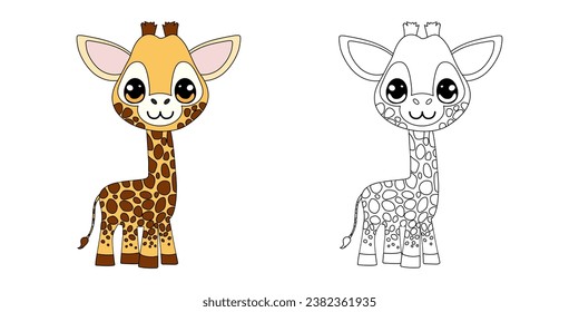 Cute cartoon giraffe. Color and black white vector illustration for coloring book