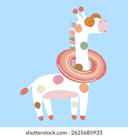 Cute cartoon giraffe with colorful spots and swim ring. Summer illustration with playful animal character.