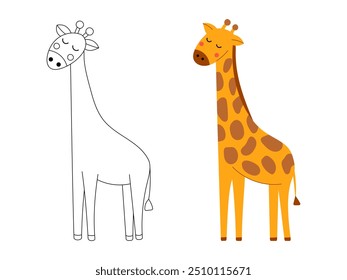 Cute Cartoon Giraffe Coloring Page for Kids with Vibrant Colored Version. Hand Drawn Flat Vector Illustration Isolated.