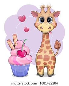 Cute cartoon giraffe with cupcake. Vector illustration isolated on white. 