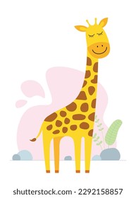 Cute cartoon giraffe. Drawing african baby wild smiling character. Kind smiling jungle safari animal. Vector eps creative graphic hand drawn print