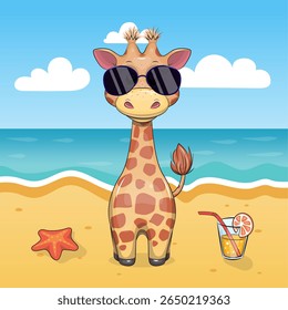 A Cute Cartoon Giraffe with a Drink and Sun Glasses on the Beach. Summer animal vector illustration with sea, sun, sand, starfish.