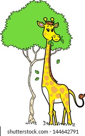 Cute Cartoon Giraffe Eating Leaves from a Tree