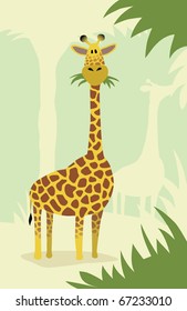 A cute, cartoon giraffe eating leaves from trees. The background and grasses are on a separate layer for easy editing.