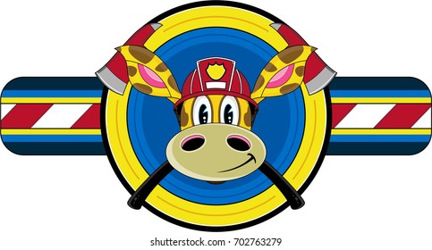 Cute Cartoon Giraffe Fireman - Firefighter Vector Illustration
