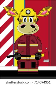 Cute Cartoon Giraffe Fireman - Firefighter 
