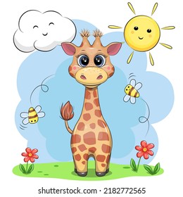 Cute cartoon giraffe with flower and bees. Vector illustration of an animal in nature with sun and cloud on a blue background.