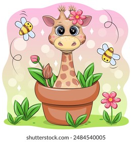 Cute cartoon giraffe in a flower pot with bees and flowers. Vector illustration of animal in nature.