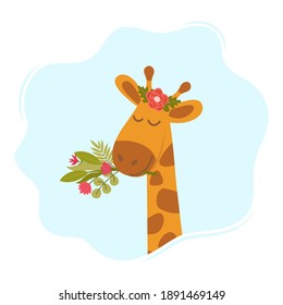 Cute cartoon giraffe with flowers. Cartoon illustration for children's fashion fabrics, textile graphics, prints. Vector illustration