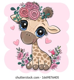 Cute Cartoon Giraffe with flowers on a pink background