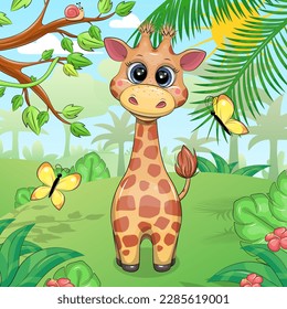 Cute cartoon giraffe in the forest. Vector illustration of an animal in nature with trees, butterflies, flowers and leaves.