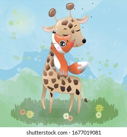 Cute cartoon giraffe and Fox friends.watercolor.giraffe drawing, Fox watercolor, baby giraffe and Fox.