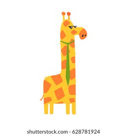 Cute cartoon giraffe with green tie. African animal colorful character vector Illustration