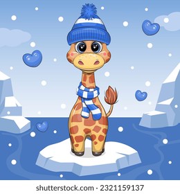 A cute cartoon giraffe in a hat and scarf is standing on the ice. Winter vector illustration of an animal on a blue background with snow and icebergs.