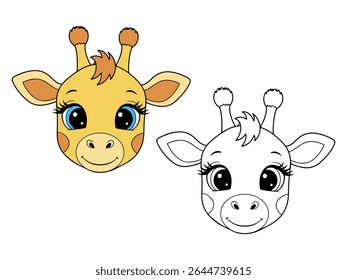 Cute cartoon giraffe head illustration, with one colored version and one black and white outline. Ideal for animal themes or children's coloring pages.