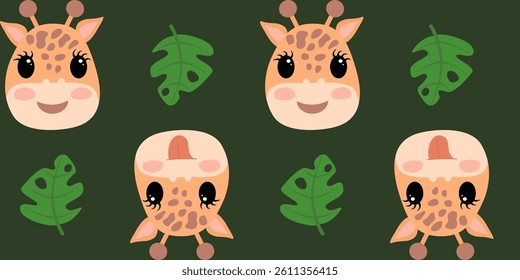 Cute cartoon giraffe heads with spots and small horns, some with tongues out, on green monstera leaves. Seamless pattern on green background.
