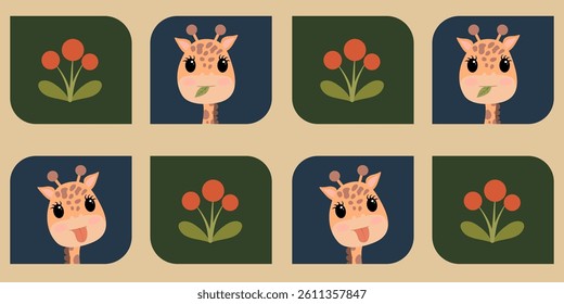 Cute cartoon giraffe heads with spots and small horns, some with tongues out, alternating with stylized orange flowers and green leaves on a beige background. Seamless pattern.