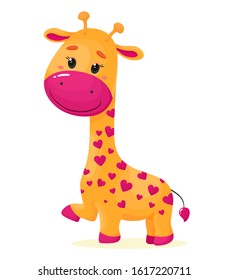 Cute cartoon giraffe with hearts. Vector illustration in cartoon flat style. White background.