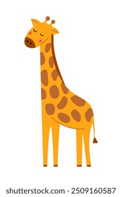 Cute Cartoon Giraffe Illustration Adorable Giraffe with Closed Eyes, Brown Spots and Blush Cheeks. Flat Hand Drawn Vector Illustration Isolated.