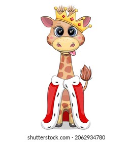 Cute cartoon giraffe king with crown and royal robe. Vector animal illustration on white background.