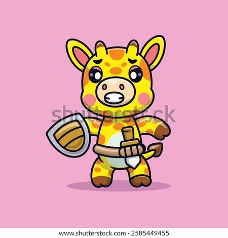 Cute Cartoon Giraffe Knight Holding a Shield Vector Icon Illustration. Animal Holidays Icon Concept Isolated Premium Vector. Holidays Cartoon Style.