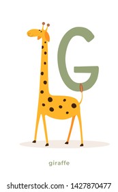 Cute cartoon giraffe with letter G. Fabulous African animal. Can be used for children's alphabets and books. Vector illustration on white isolated background.