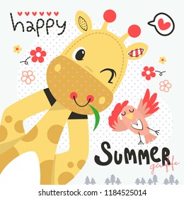 Cute cartoon giraffe and little bird relax in summer on polka dot background illustration vector. 