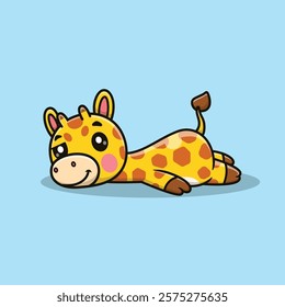 Cute Cartoon Giraffe Lying on His stomach on the Floor  Vector Icon Illustration. Animal Nature Icon Concept Isolated Premium Vector. Animals Cartoon Style