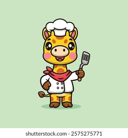 Cute Cartoon Giraffe Master Chef Holding Spatula Vector Icon Illustration. Animal Food Icon Concept Isolated Premium Vector. Animals Cartoon Style