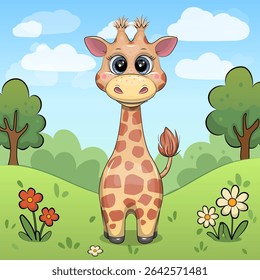 Linda jirafa de dibujos animados en Naturaleza. Ilustración vectorial de un animal con flores rojas y blancas, hierba y árboles.