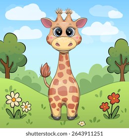 Cute Cartoon Giraffe in Nature. Vector illustration of an animal with red and white flowers, grass and trees.
