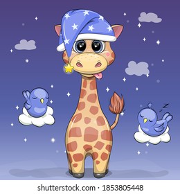 Cute cartoon giraffe in night hat with birds. Night vector illustration of animal on dark blue background with stars and clouds.