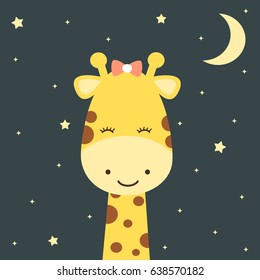 cute cartoon giraffe in the night starry sky funny vector illustration